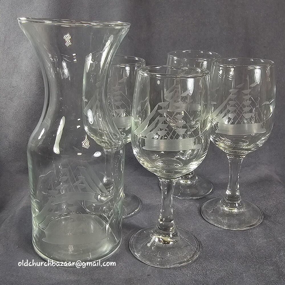 Javit Clipper Ship Collection Fine Cut Crystal Wine Glasses & Carafe Set of 5